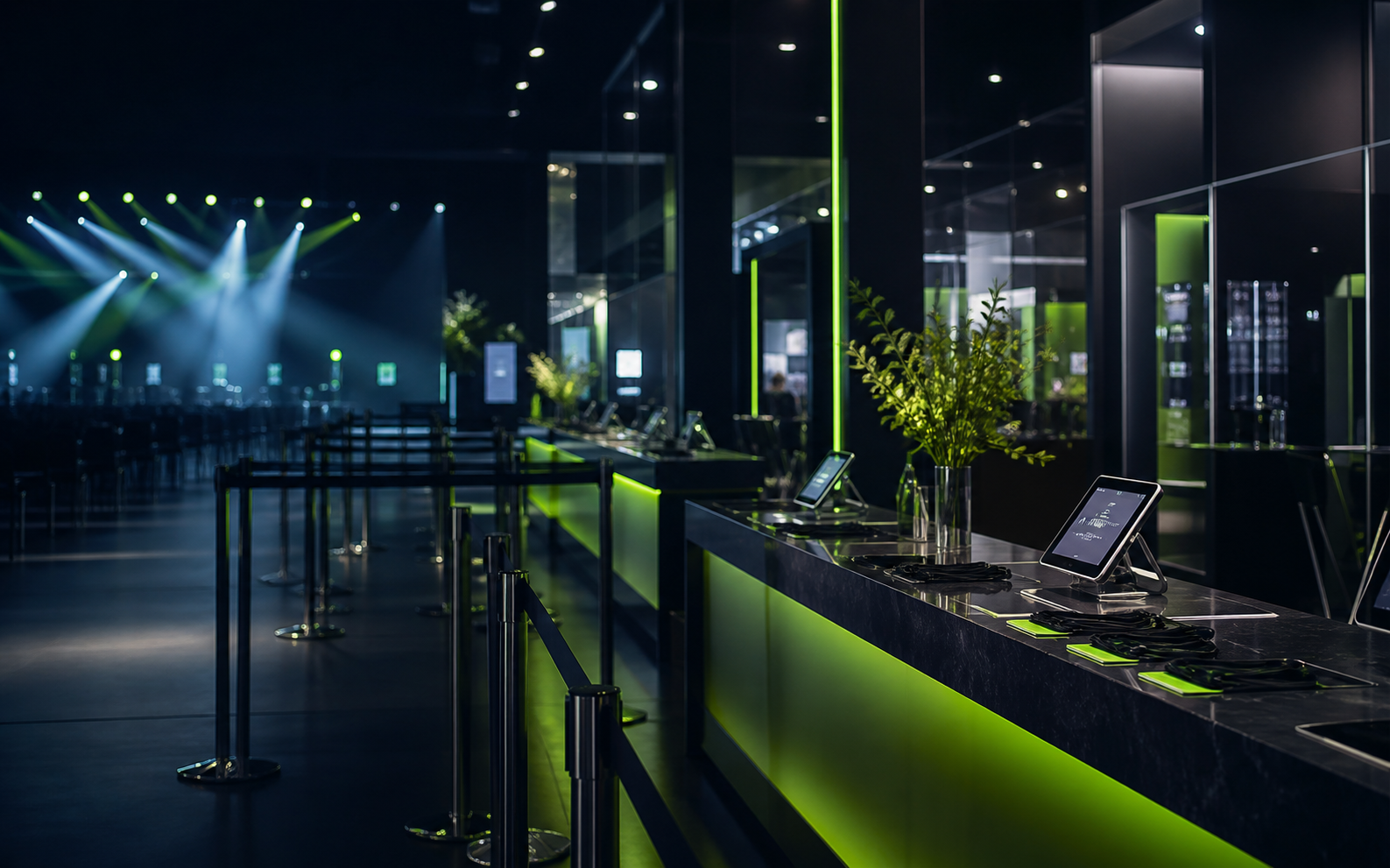 A polished conference registration area with tablets, lanyards and event lighting.