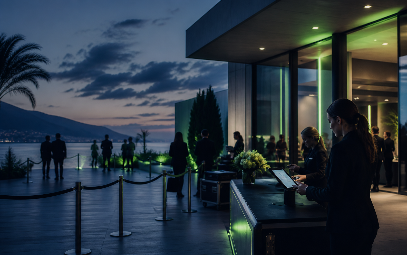 An evening destination event check-in point with guests and operational staff.